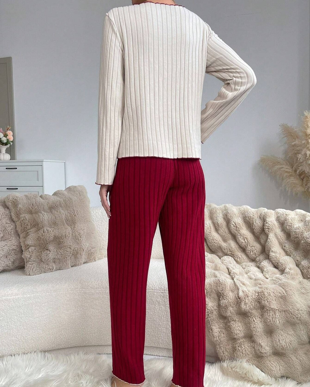 Rib Knit Henley Top And Pants Lounge Set - Red - 3