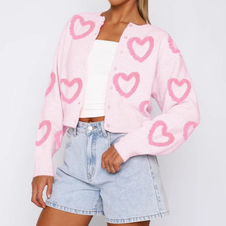 Heart Print Cropped Button Cardigan - LtPink