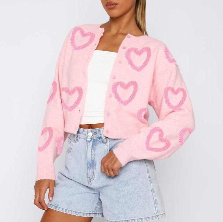 Heart Print Cropped Button Cardigan - Pink