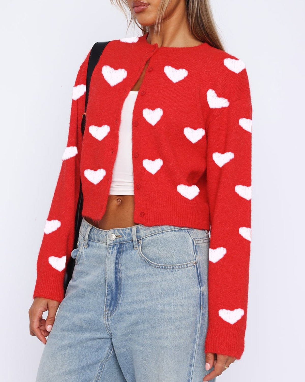 Heart Print Cropped Button Cardigan - Red