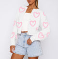 Heart Print Cropped Button Cardigan - White
