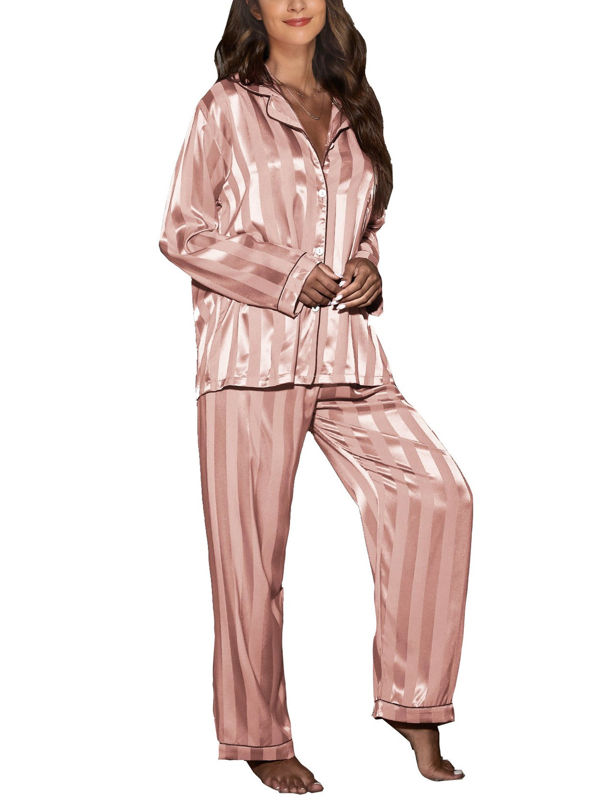 Wide Stripe Satin Pajama Set - Pink