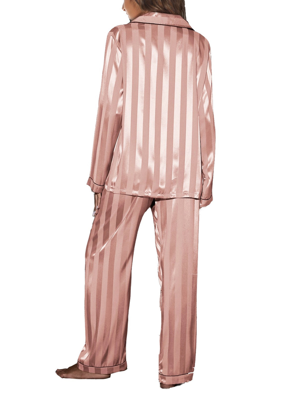 Wide Stripe Satin Pajama Set - Pink - 1