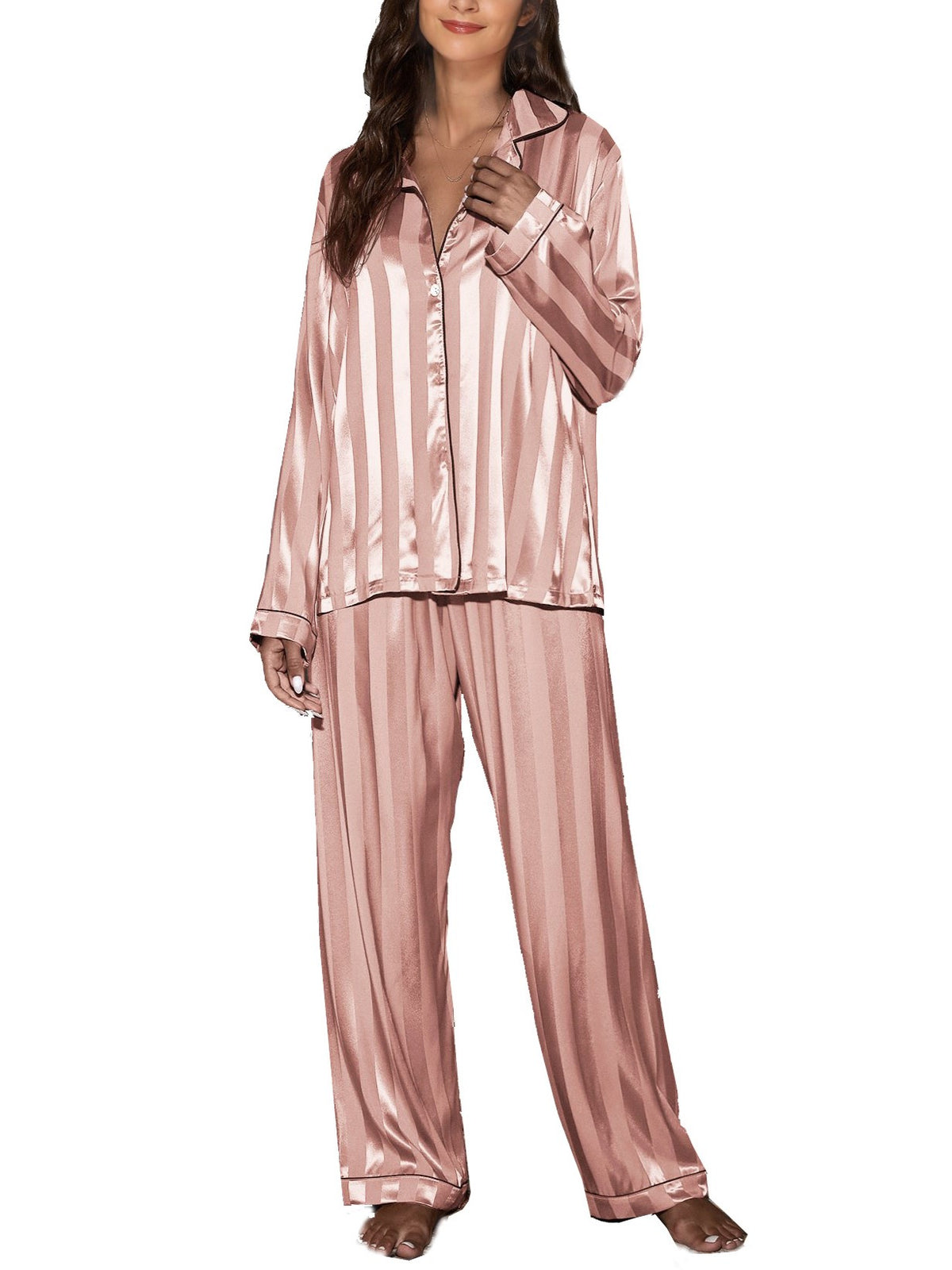 Wide Stripe Satin Pajama Set - Pink - 2