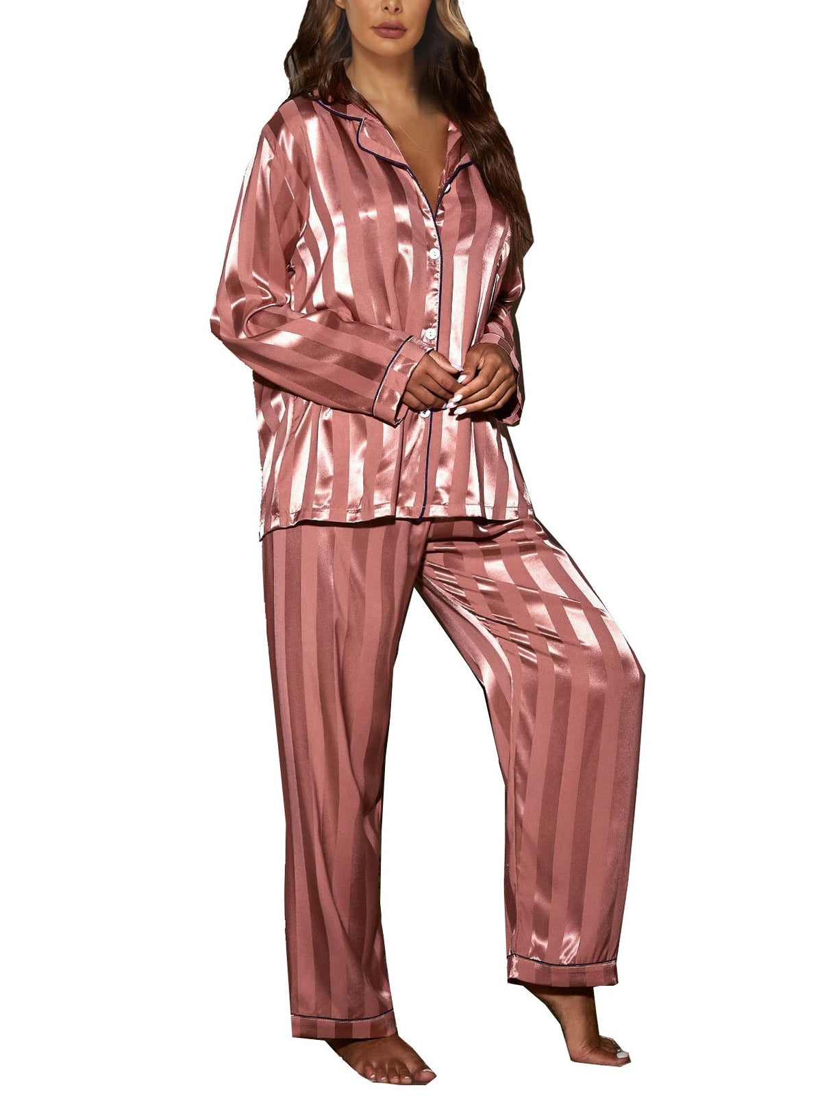 Wide Stripe Satin Pajama Set - RoseRed