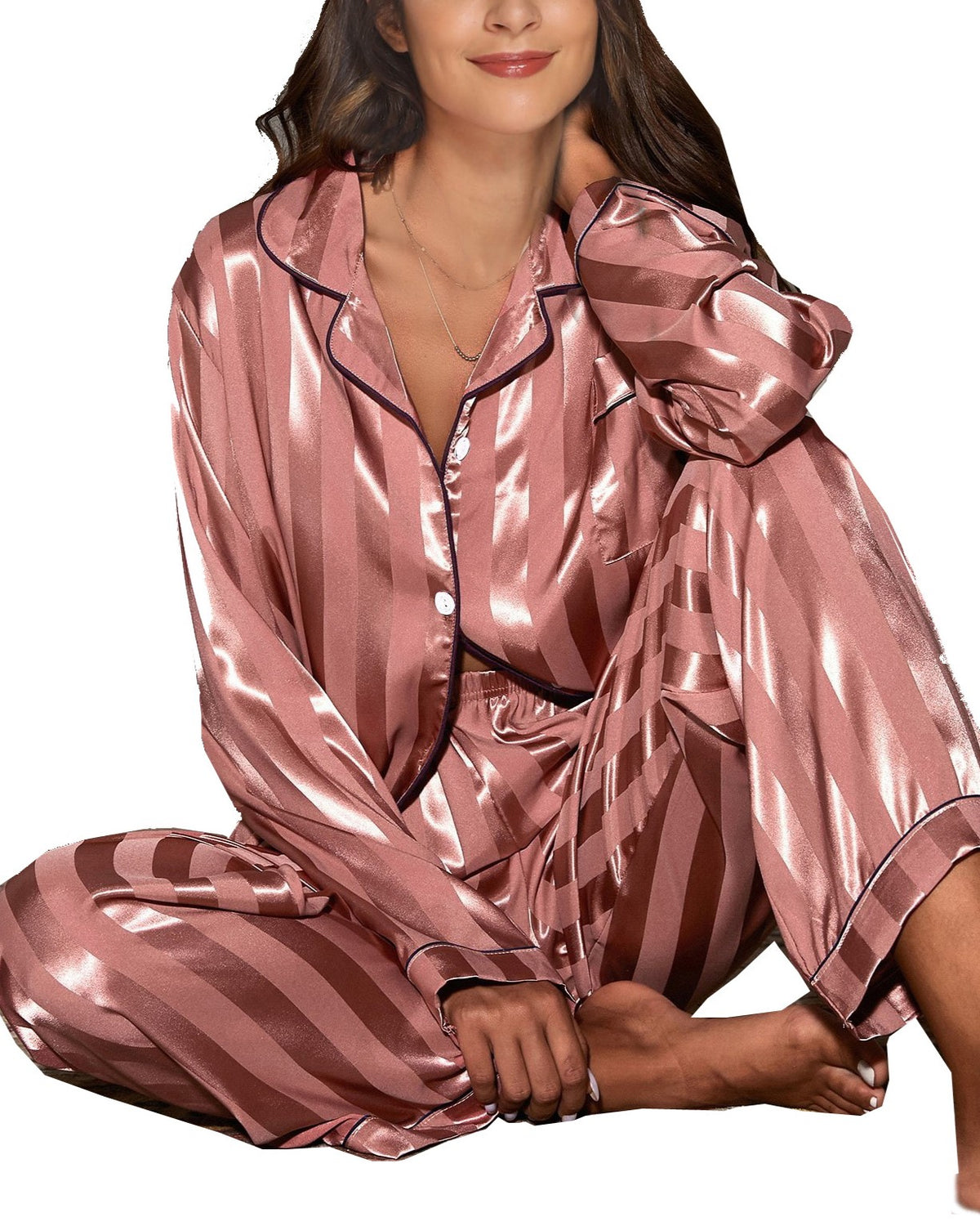 Wide Stripe Satin Pajama Set - RoseRed - 1