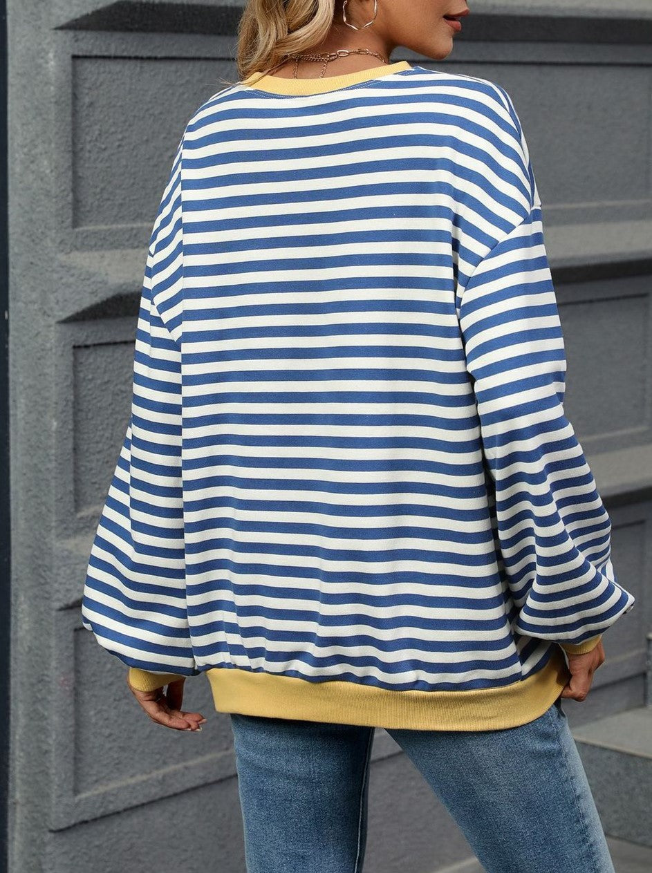 Scalloped Rib Trim Striped Sweatshirt - Blue - 1