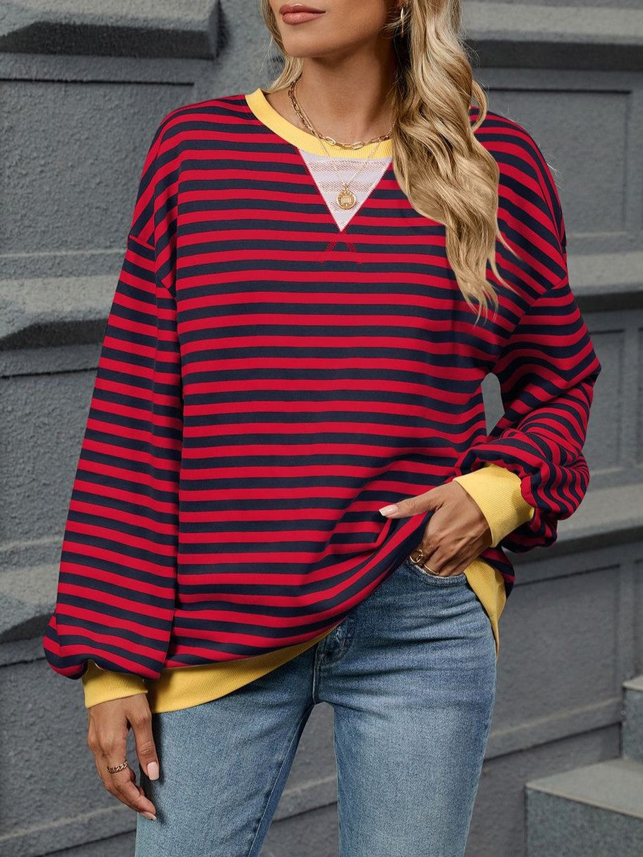 Scalloped Rib Trim Striped Sweatshirt - Red