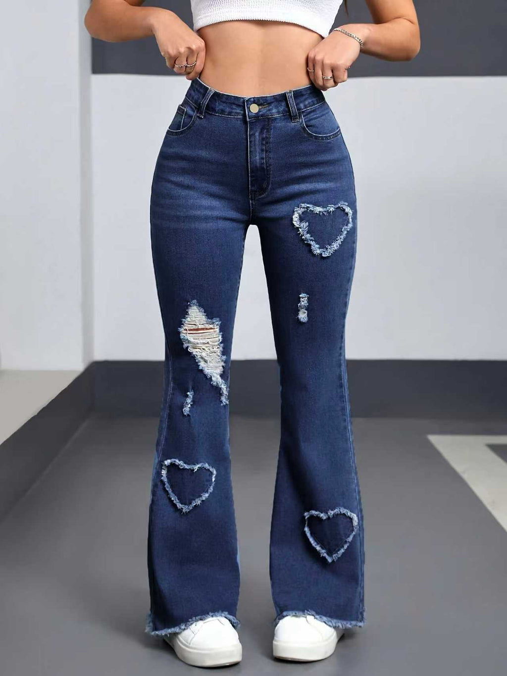 Heart Patch Distressed Flare Jeans - DarkBlue
