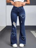 Heart Patch Distressed Flare Jeans - DarkBlue