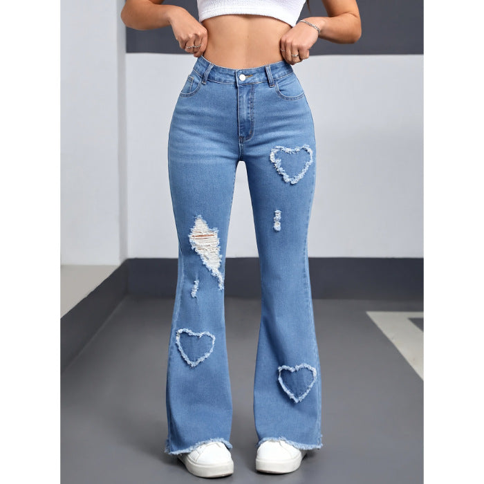 Heart Patch Distressed Flare Jeans - LightBlue