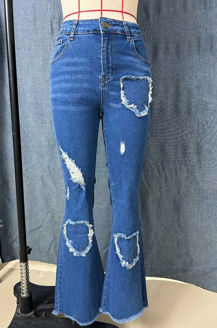 Heart Patch Distressed Flare Jeans