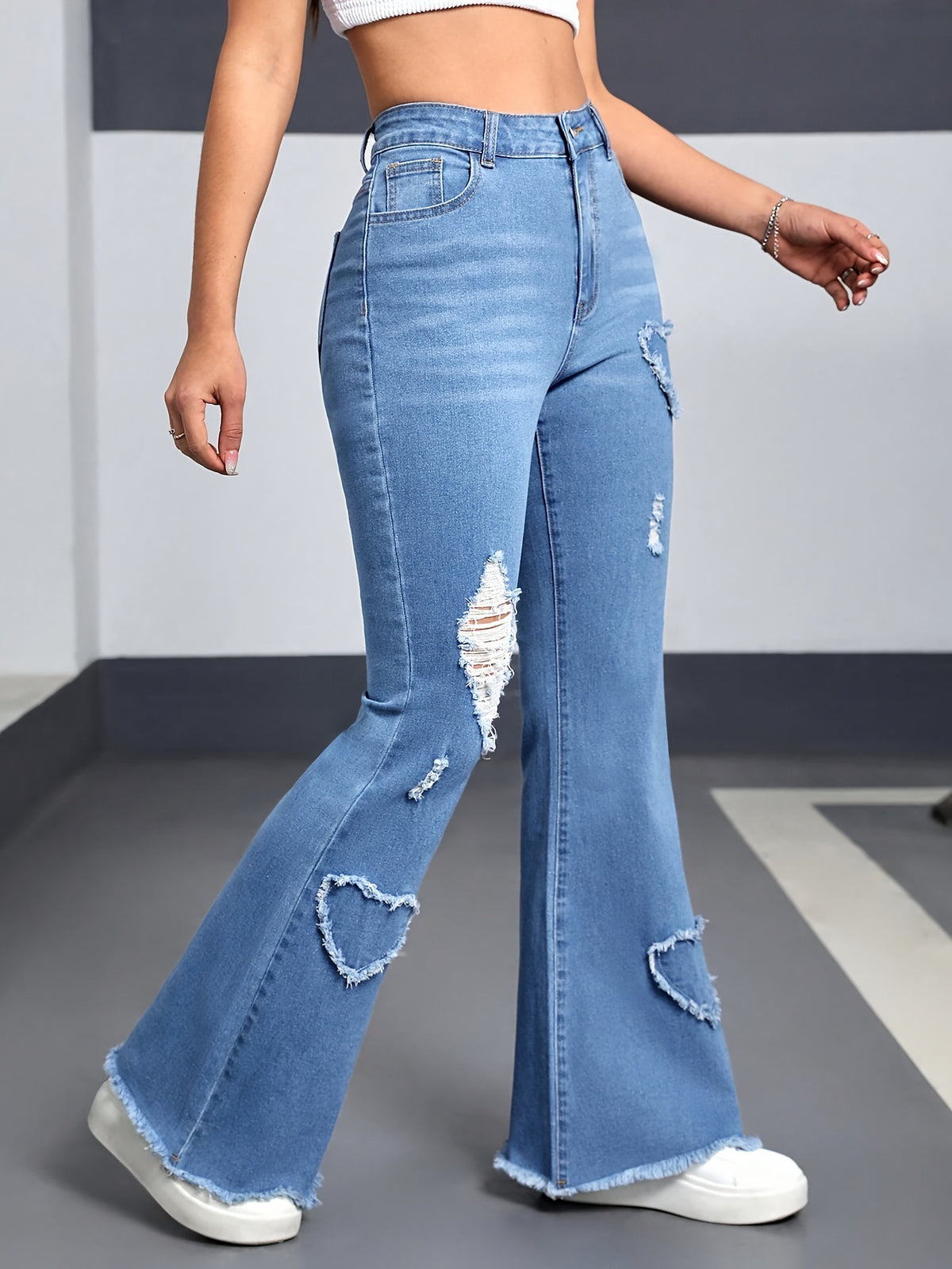 Heart Patch Distressed Flare Jeans - view 1