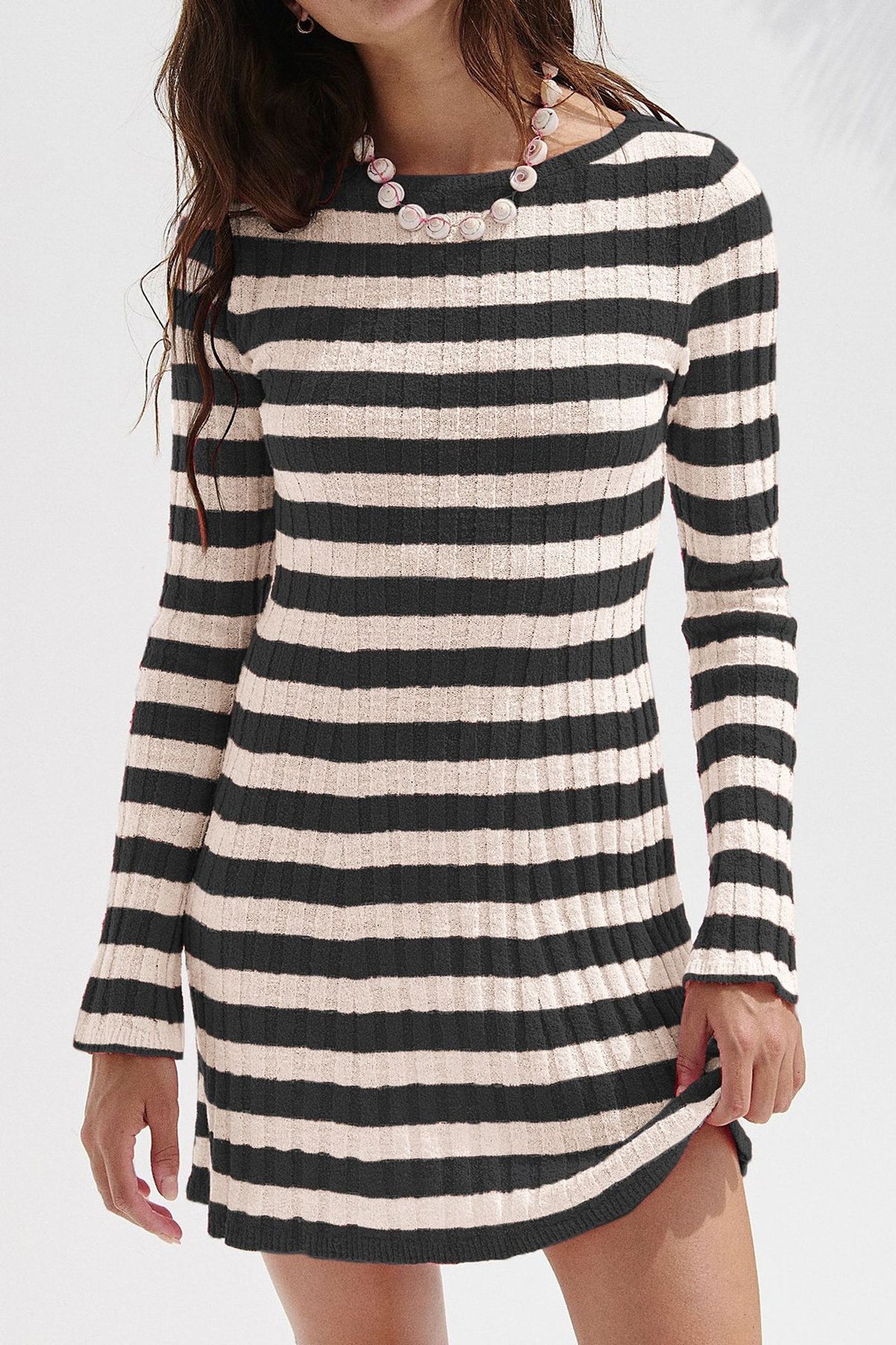 Ribbed Stripe Long Sleeve Knit Mini Dress - Black