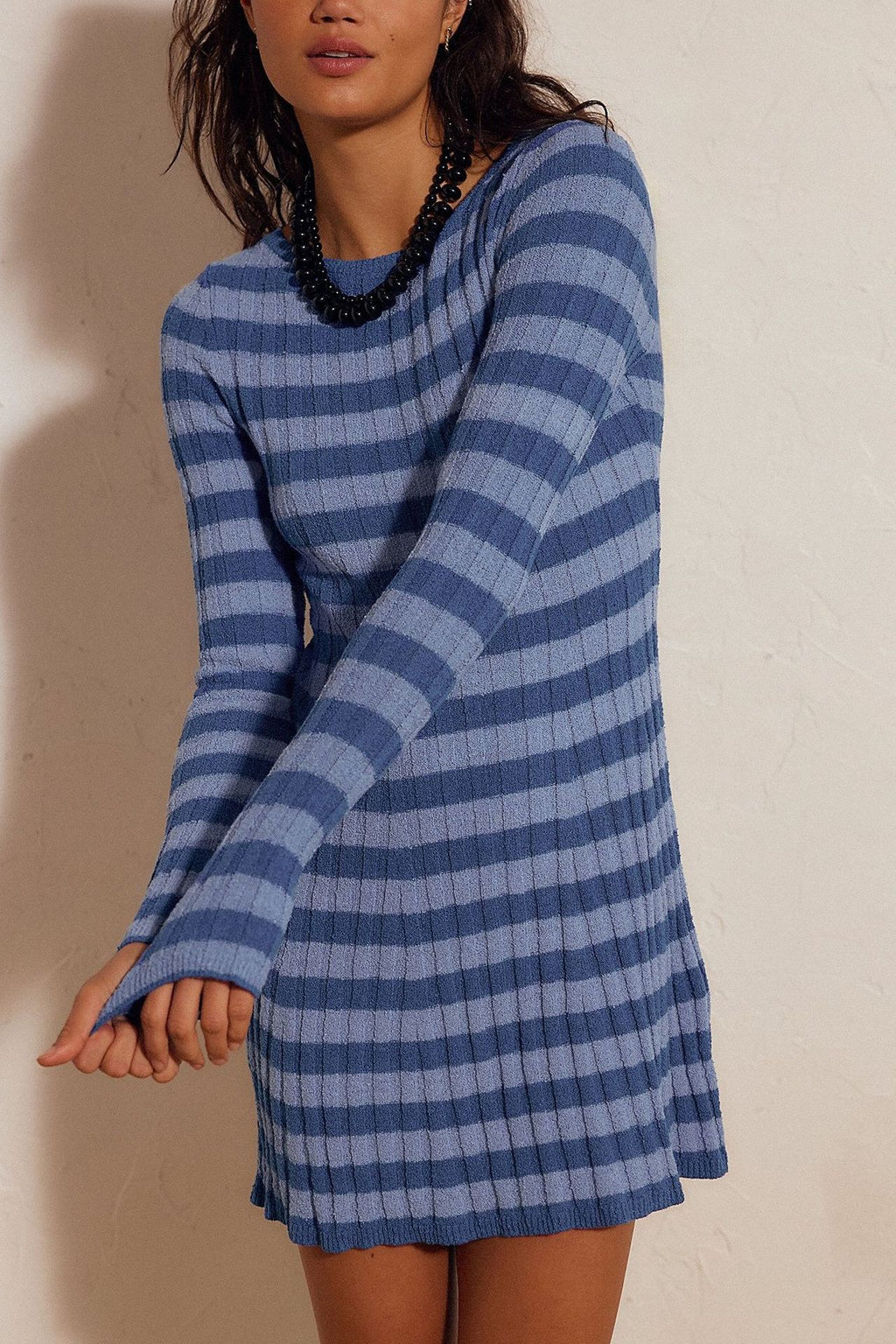Ribbed Stripe Long Sleeve Knit Mini Dress - Blue