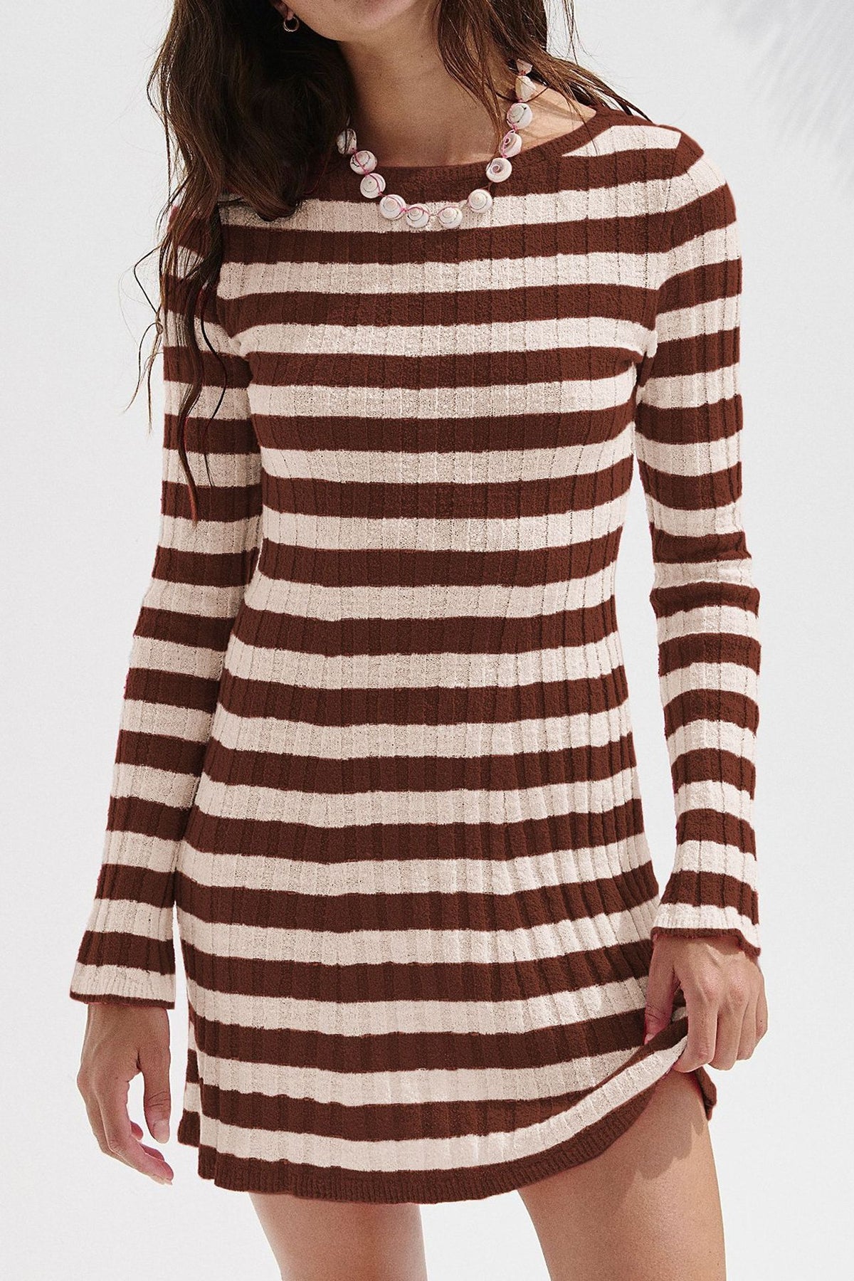 Ribbed Stripe Long Sleeve Knit Mini Dress - Coffee