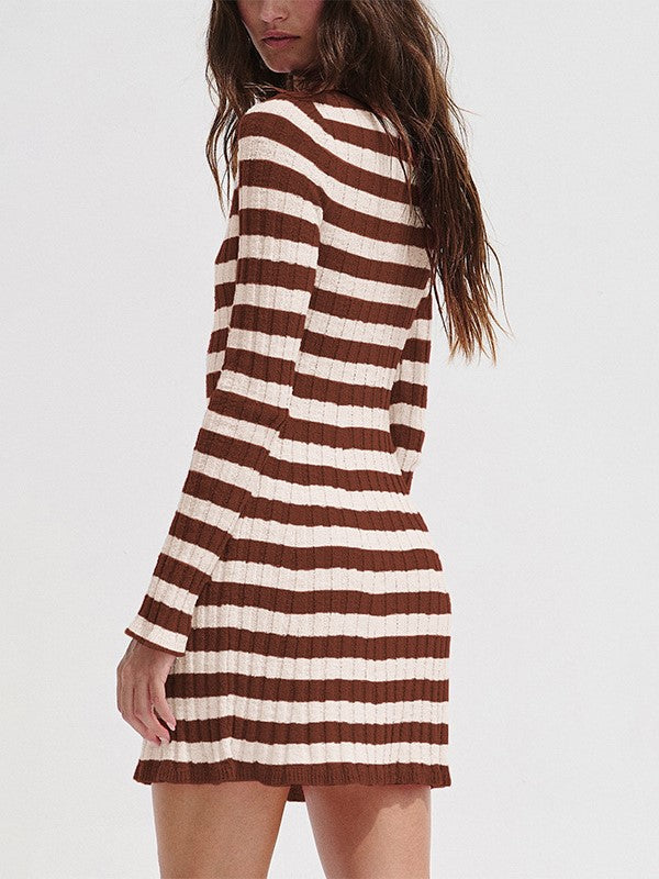 Ribbed Stripe Long Sleeve Knit Mini Dress - Coffee - 1