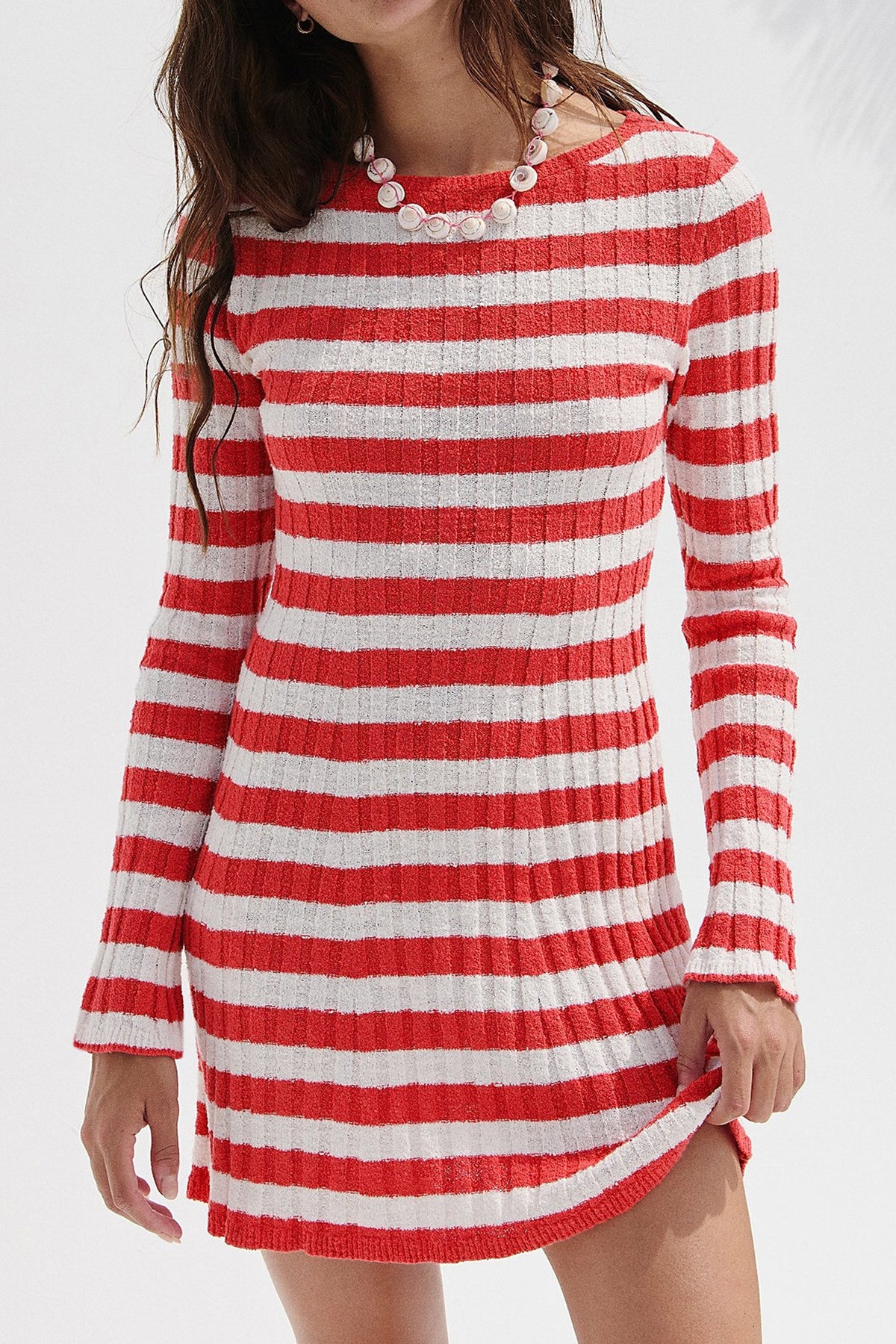 Ribbed Stripe Long Sleeve Knit Mini Dress - Red