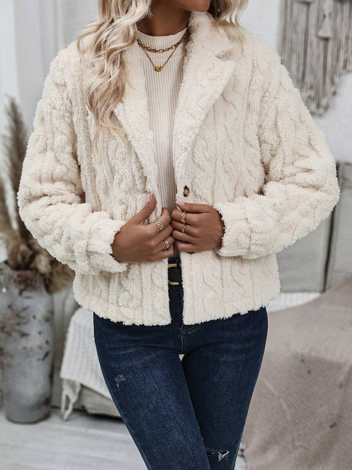 Cable Textured Plush Lapel Jacket - White