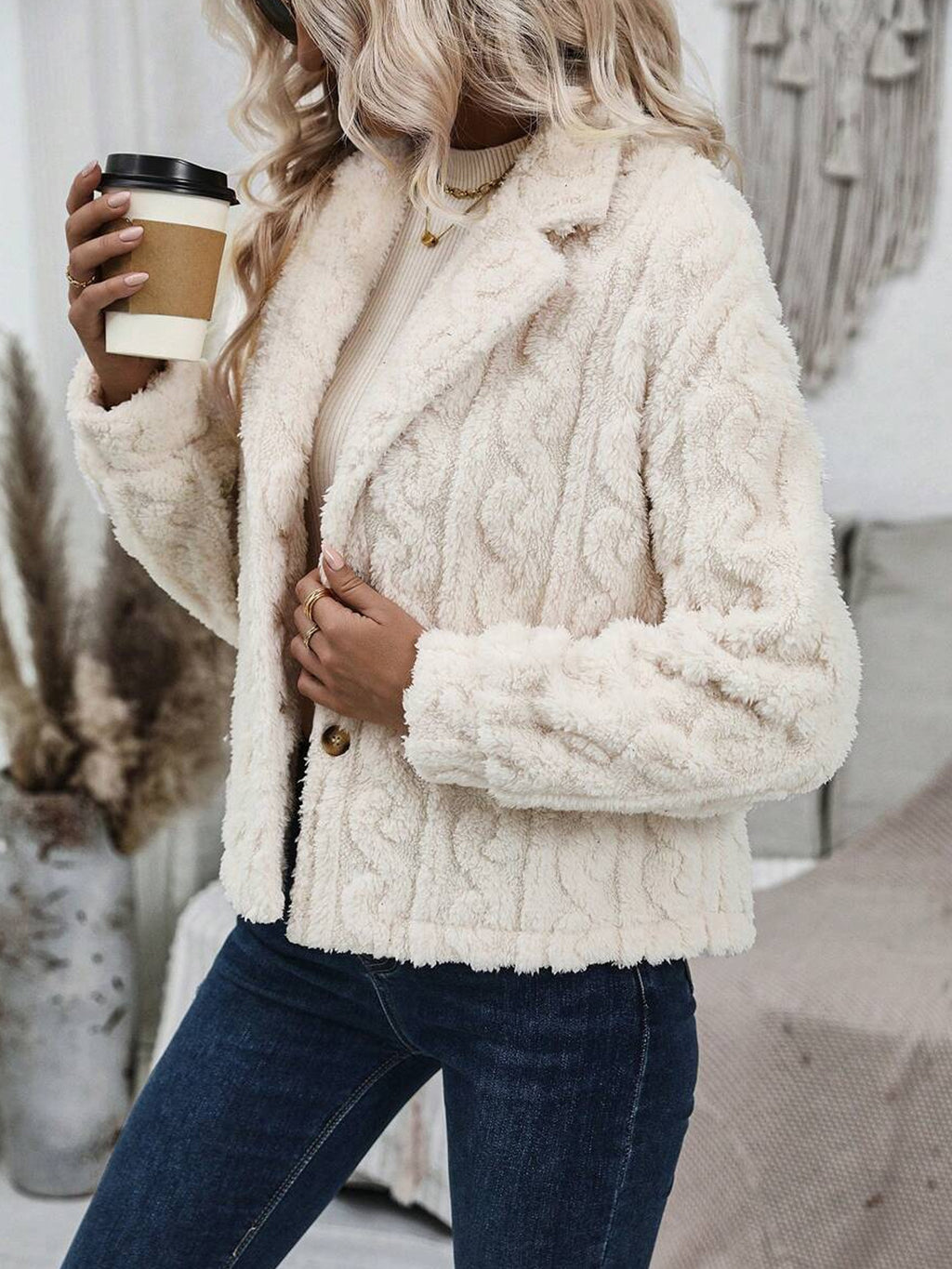 Cable Textured Plush Lapel Jacket - White - 1