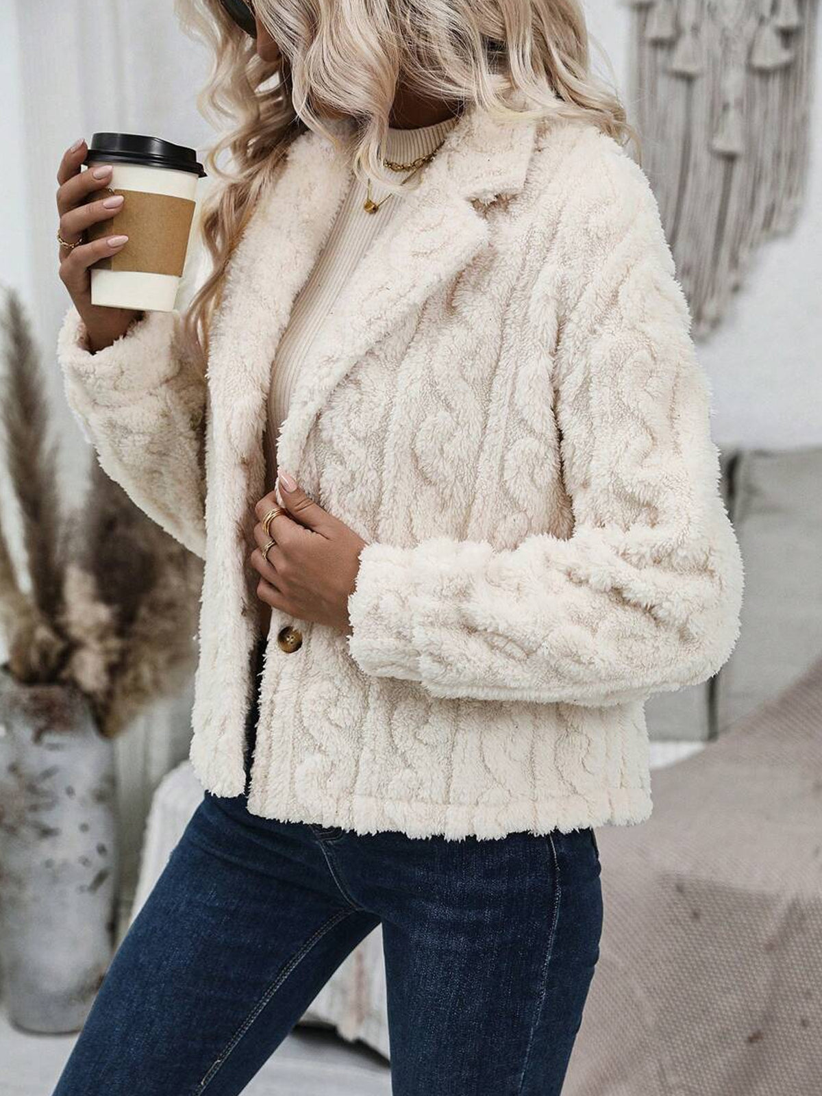 Cable Textured Plush Lapel Jacket - White - 1