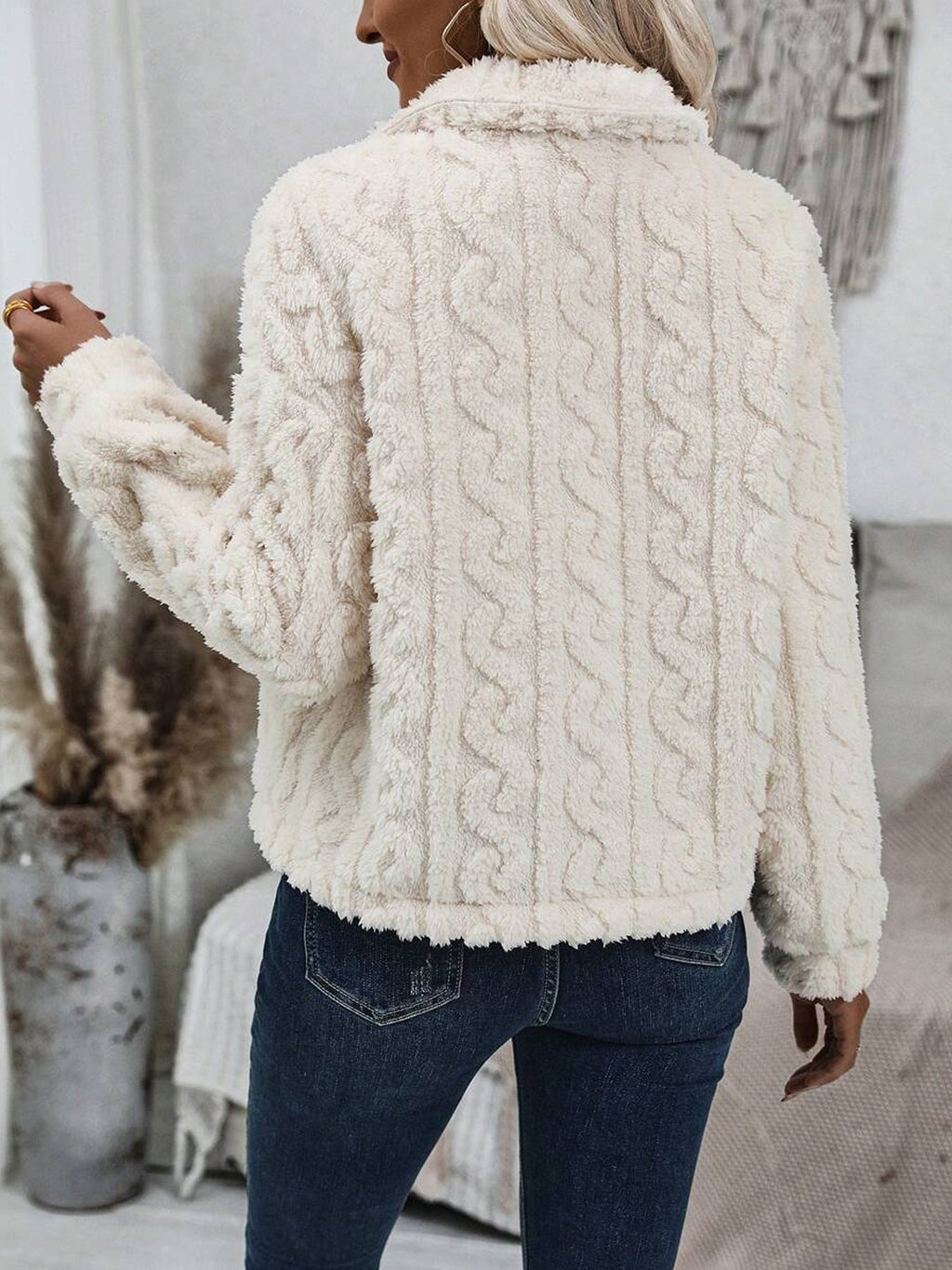 Cable Textured Plush Lapel Jacket - White - 2