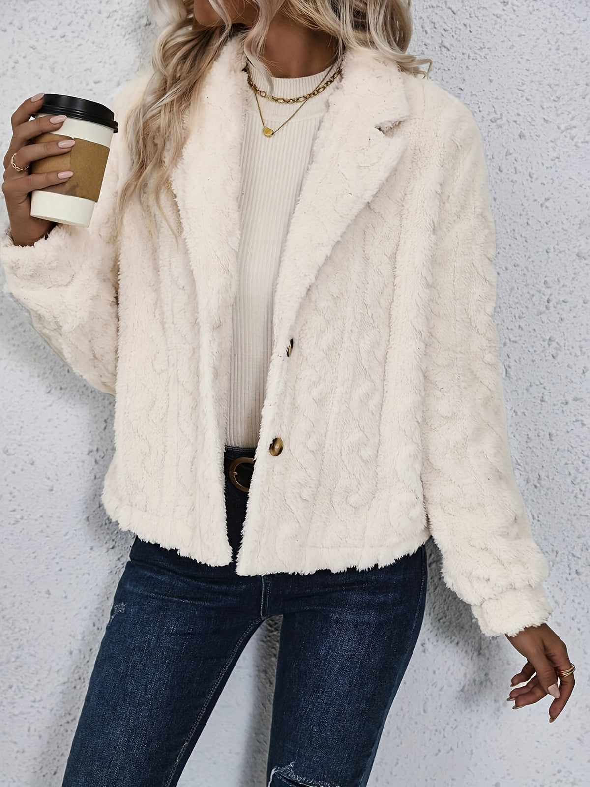 Cable Textured Plush Lapel Jacket - White - 3