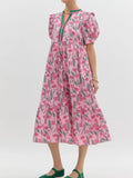Rose Print Puff Sleeve Tiered Midi Dress - Pink