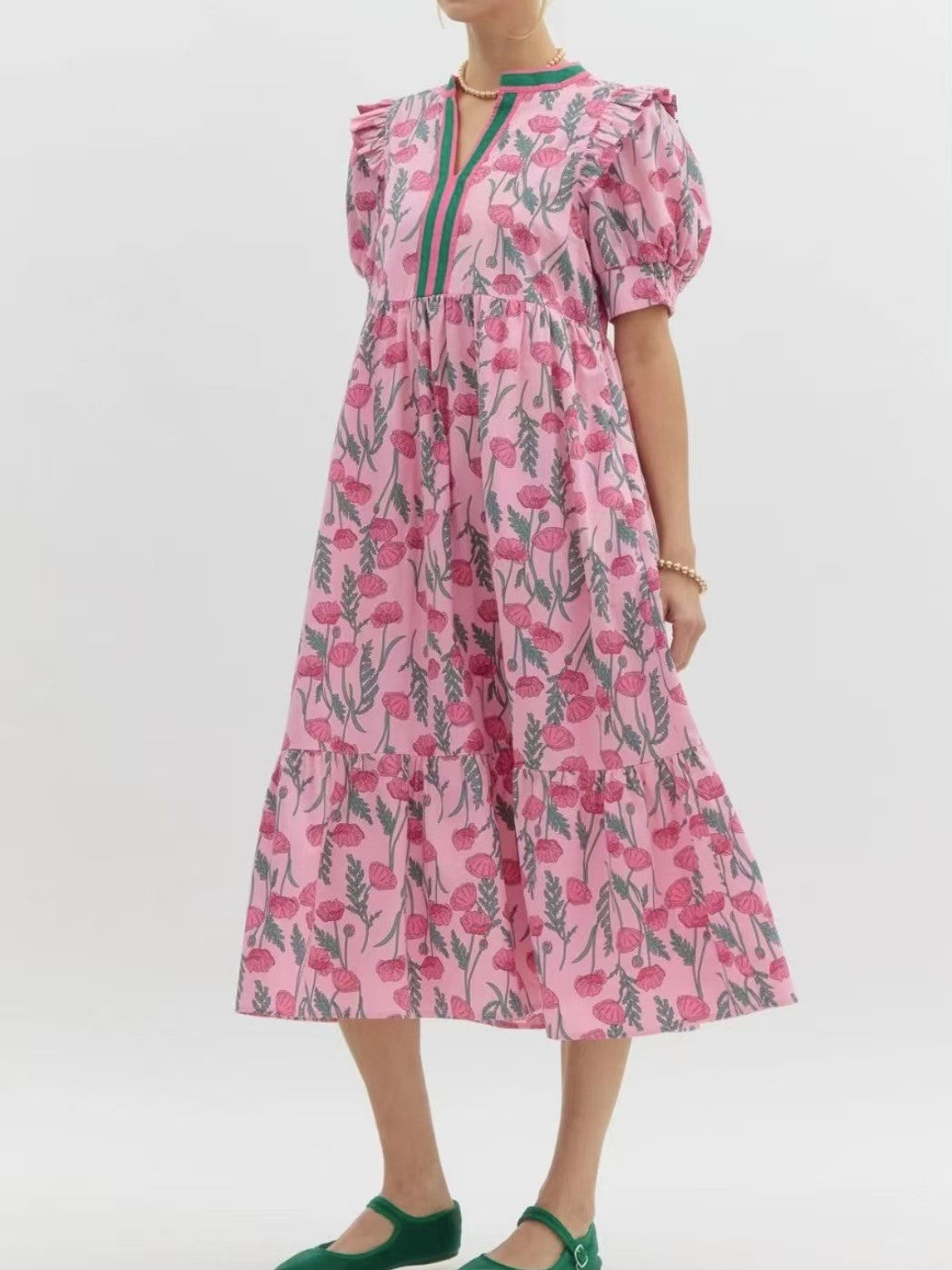 Rose Print Puff Sleeve Tiered Midi Dress - Pink
