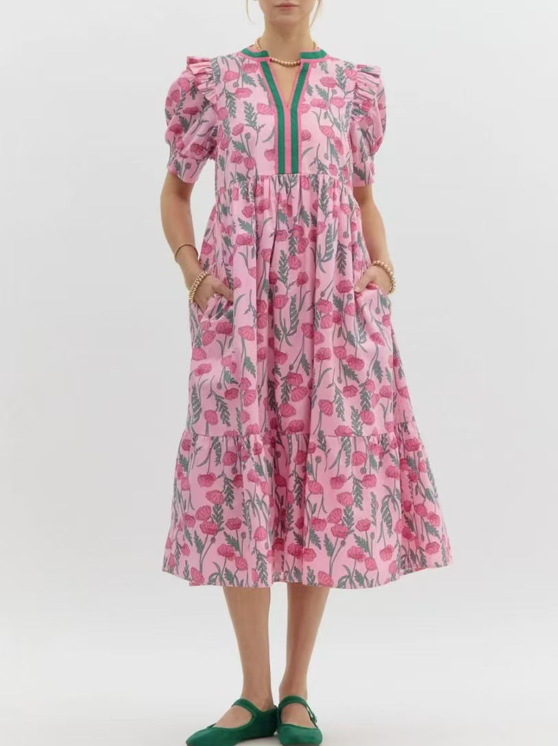 Rose Print Puff Sleeve Tiered Midi Dress - Pink - 1