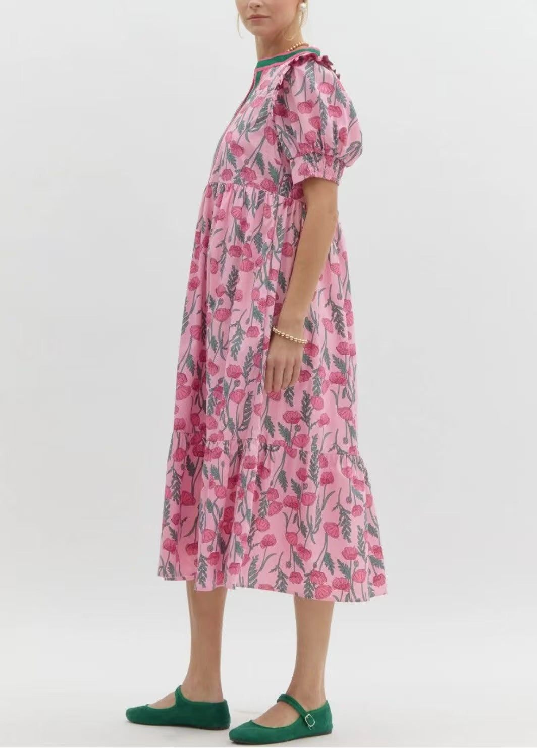 Rose Print Puff Sleeve Tiered Midi Dress - Pink - 2