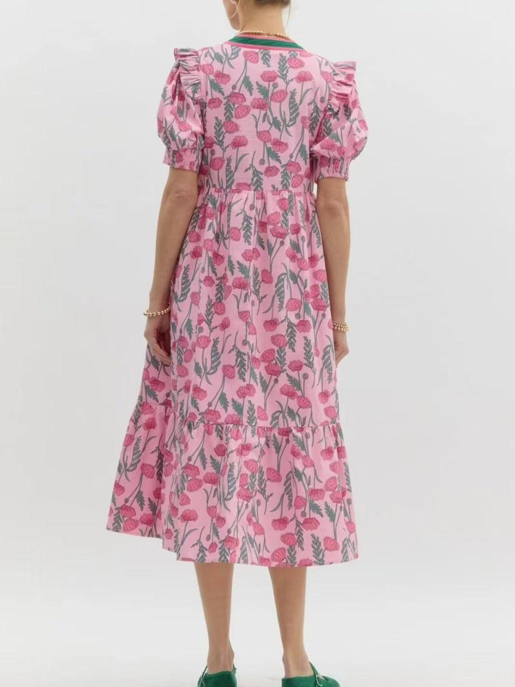 Rose Print Puff Sleeve Tiered Midi Dress - Pink - 3