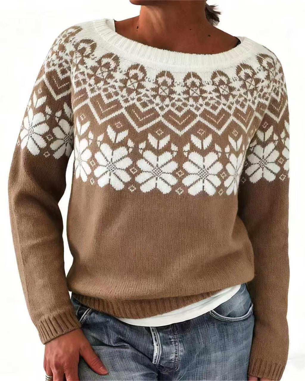 Vintage Snowflake Yoke Jacquard Pullover Sweater - C15