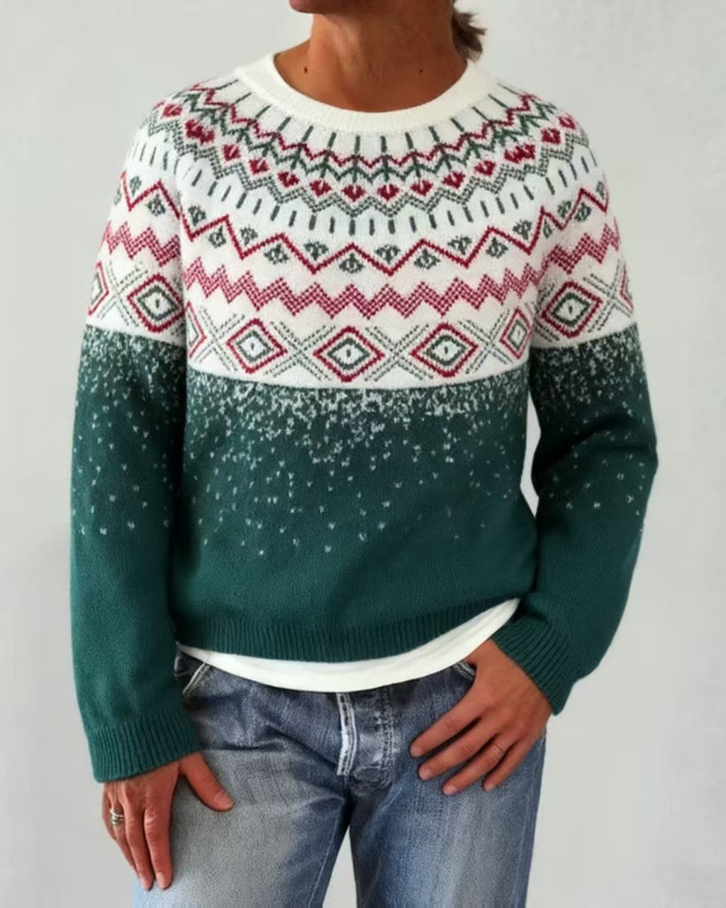 Vintage Snowflake Yoke Jacquard Pullover Sweater - C2