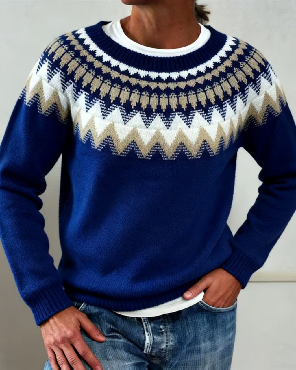 Vintage Snowflake Yoke Jacquard Pullover Sweater - C3
