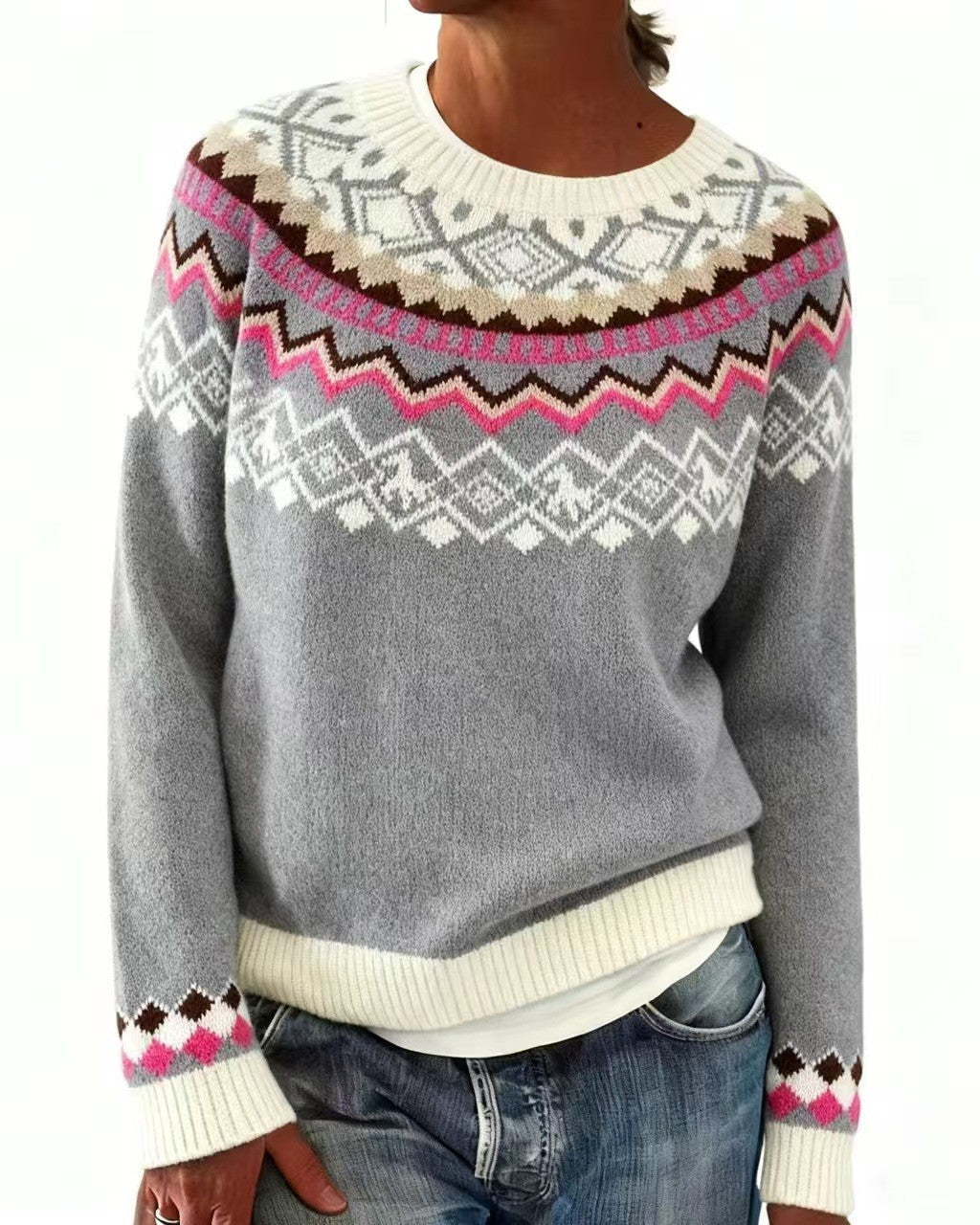 Vintage Snowflake Yoke Jacquard Pullover Sweater - C7