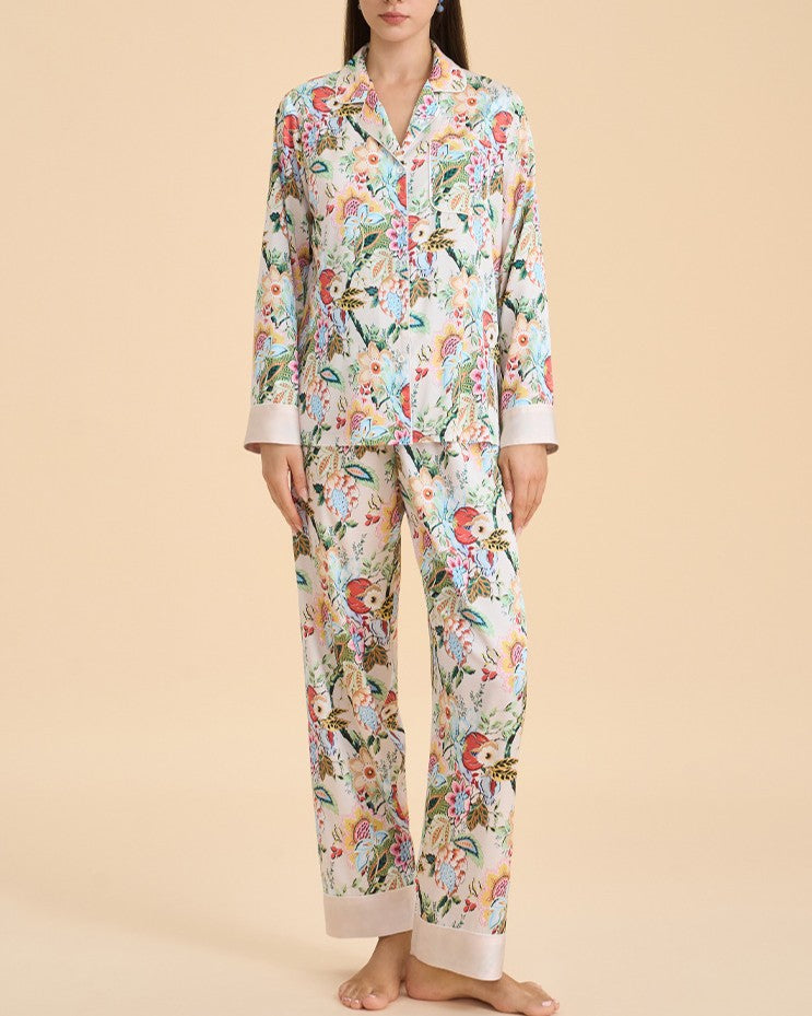Botanical Satin Sleepwear Set With Contrast Cuffs - C1