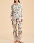 Botanical Satin Sleepwear Set With Contrast Cuffs - C1