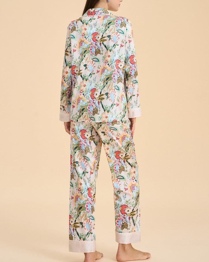 Botanical Satin Sleepwear Set With Contrast Cuffs - C1 - 1