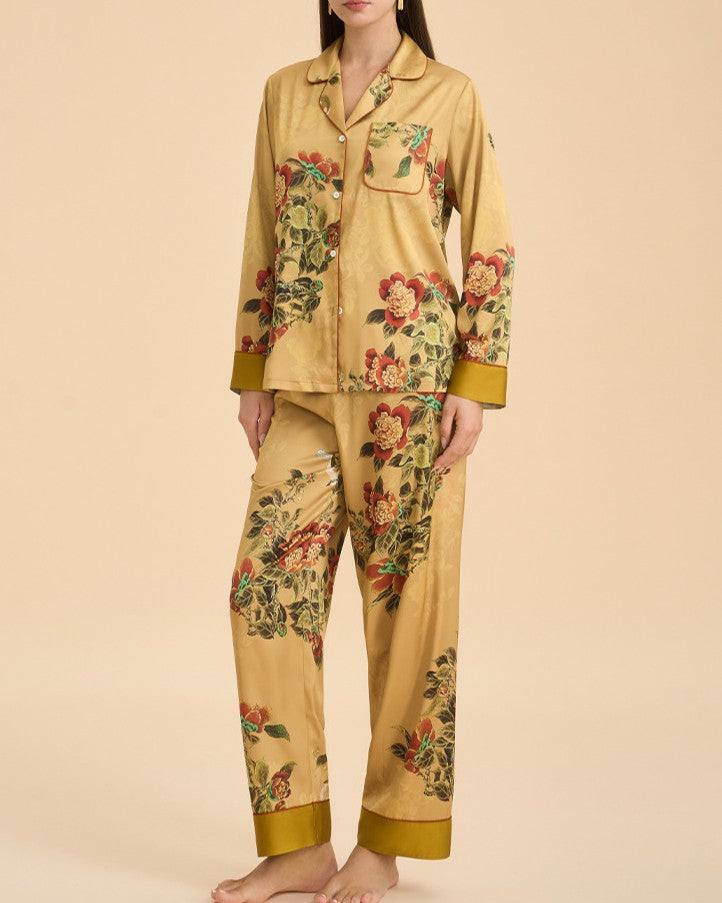 Botanical Satin Sleepwear Set With Contrast Cuffs - C2