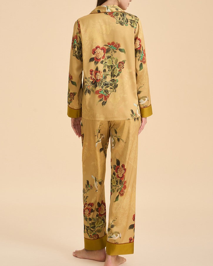 Botanical Satin Sleepwear Set With Contrast Cuffs - C2 - 1