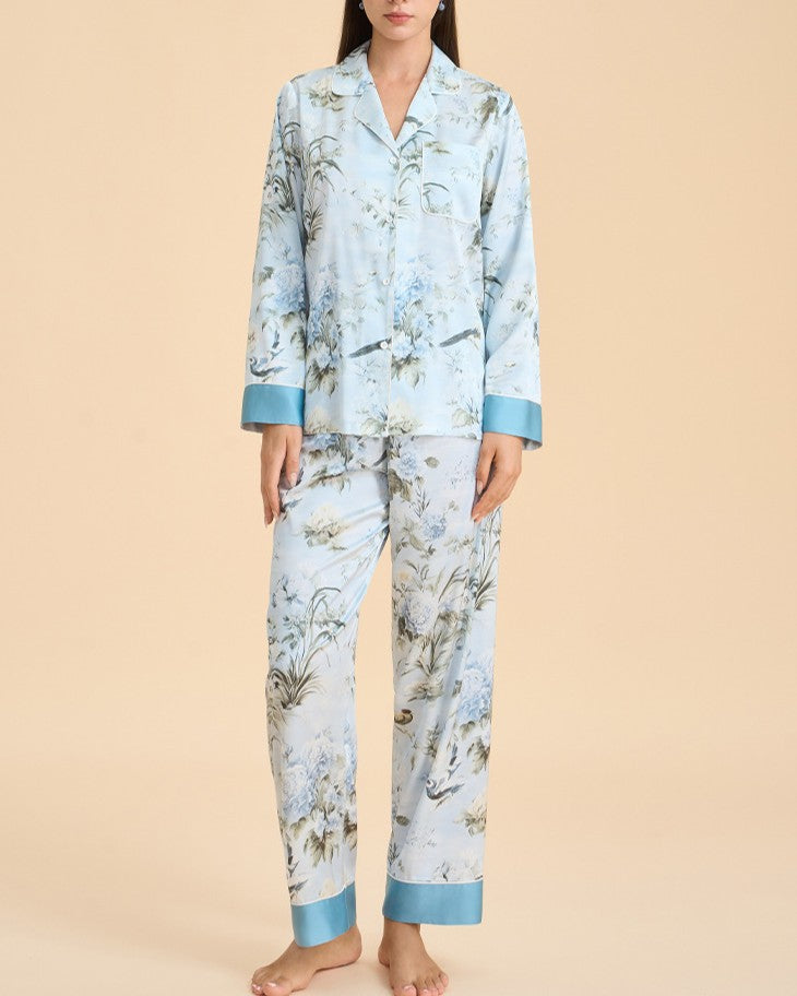 Botanical Satin Sleepwear Set With Contrast Cuffs - C3