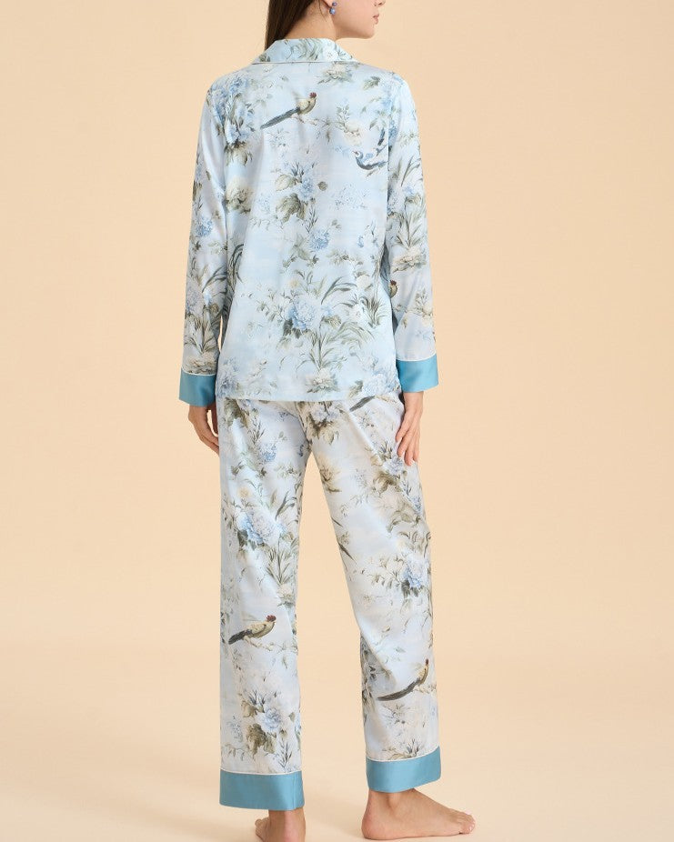 Botanical Satin Sleepwear Set With Contrast Cuffs - C3 - 1