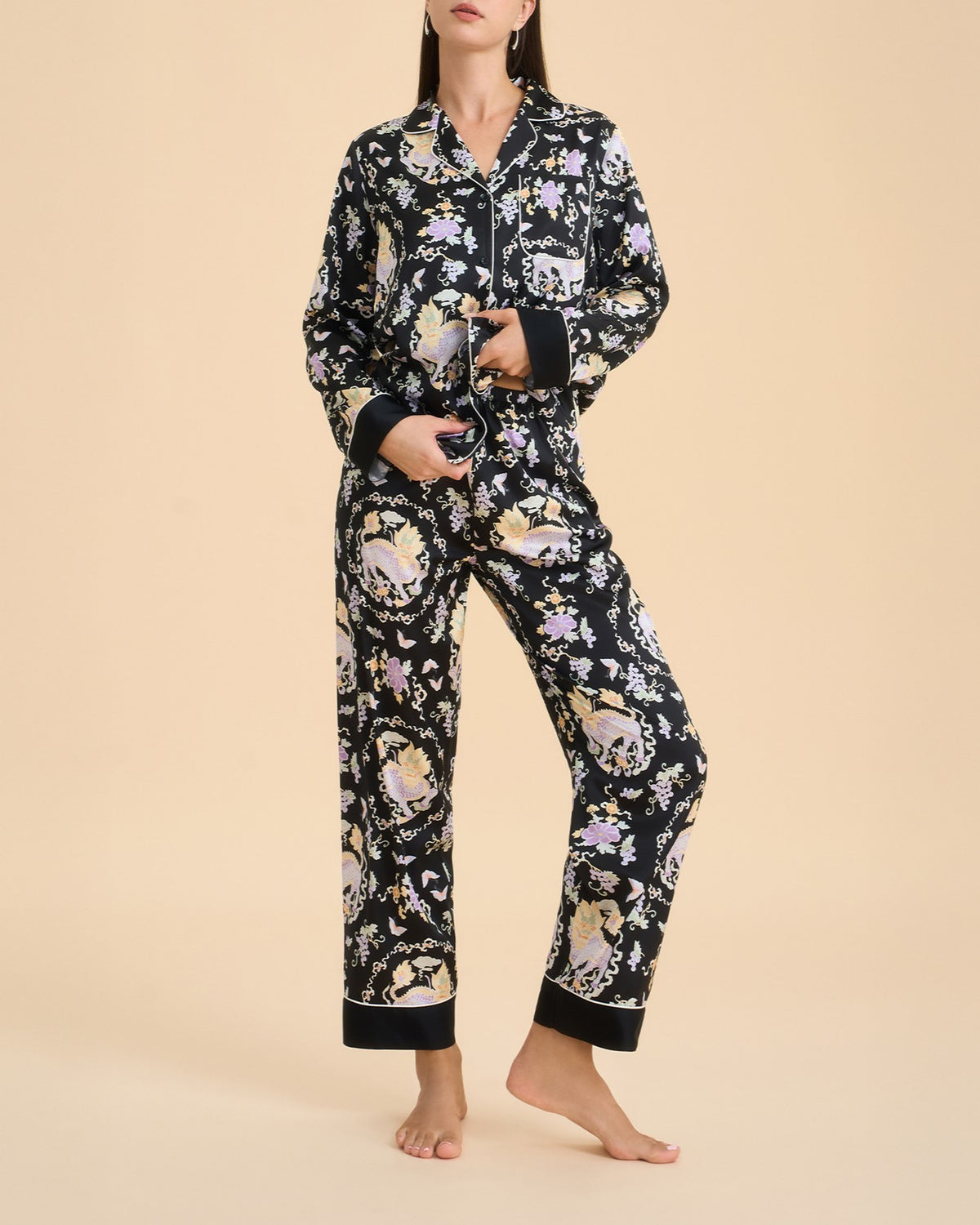 Botanical Satin Sleepwear Set With Contrast Cuffs - C4