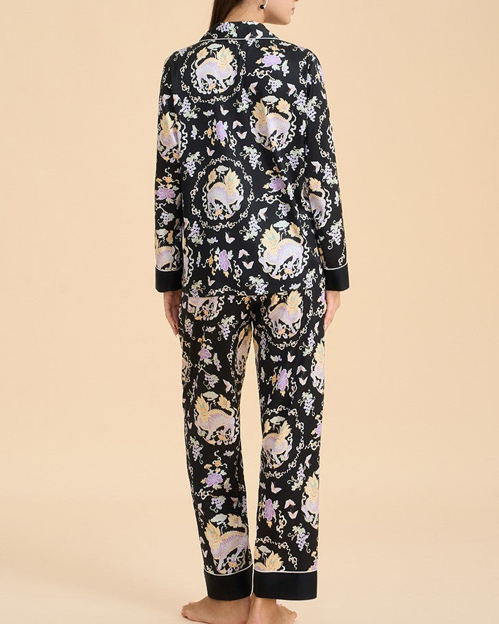 Botanical Satin Sleepwear Set With Contrast Cuffs - C4 - 1