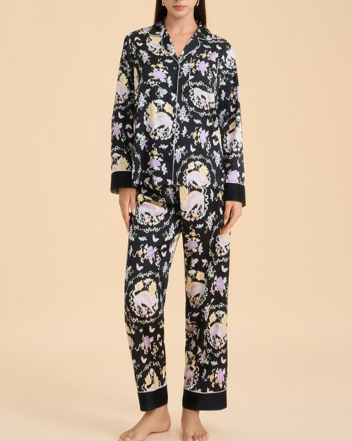 Botanical Satin Sleepwear Set With Contrast Cuffs - C4 - 2
