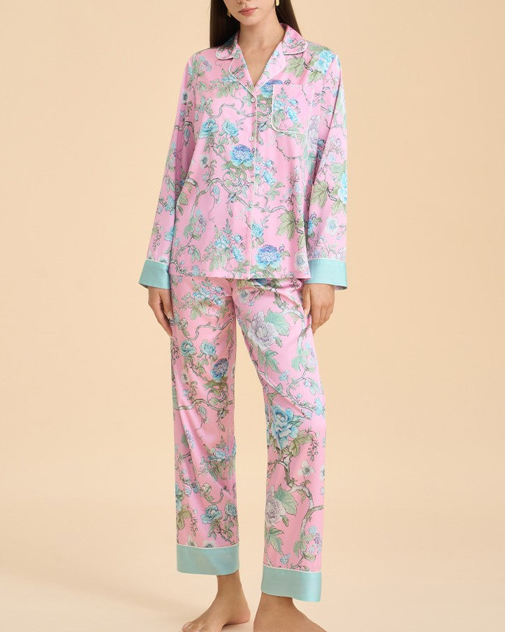 Botanical Satin Sleepwear Set With Contrast Cuffs - C5