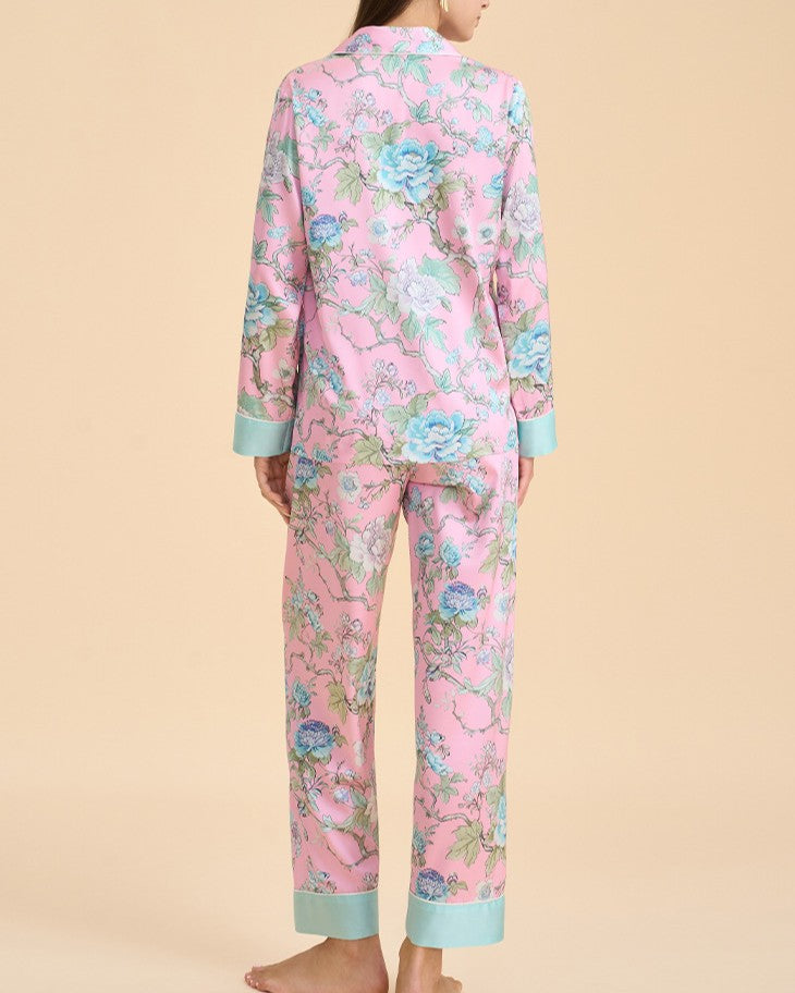 Botanical Satin Sleepwear Set With Contrast Cuffs - C5 - 1