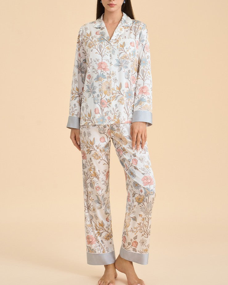 Botanical Satin Sleepwear Set With Contrast Cuffs - C6