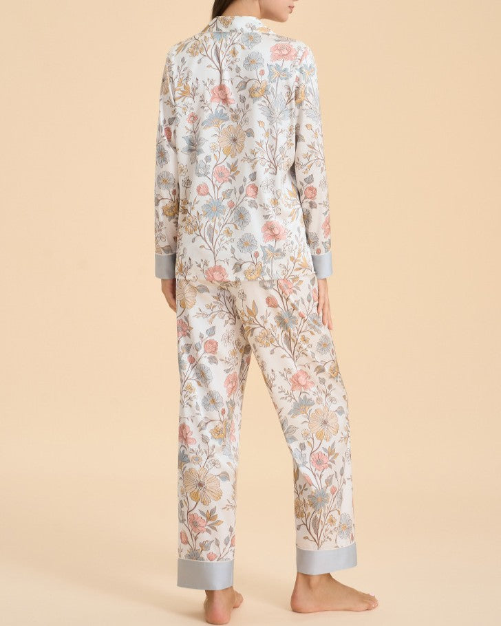 Botanical Satin Sleepwear Set With Contrast Cuffs - C6 - 1